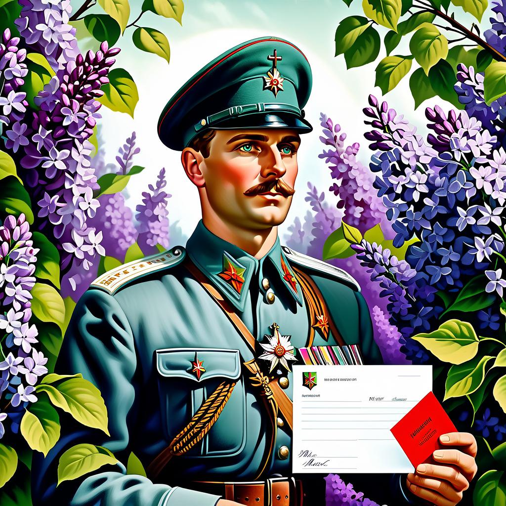  Advertising poster style Victory Day, russian soldier, postcard, covert, letter, salute, lilacs, 1945 May, spring. . Professional, modern, product focused, commercial, eye catching, highly detailed hyperrealistic, full body, detailed clothing, highly detailed, cinematic lighting, stunningly beautiful, intricate, sharp focus, f/1. 8, 85mm, (centered image composition), (professionally color graded), ((bright soft diffused light)), volumetric fog, trending on instagram, trending on tumblr, HDR 4K, 8K