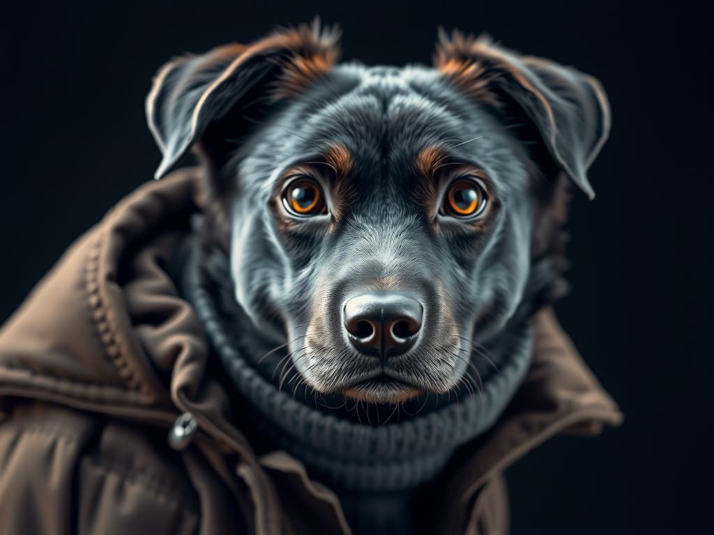  a black dog hyperrealistic, full body, detailed clothing, highly detailed, cinematic lighting, stunningly beautiful, intricate, sharp focus, f/1. 8, 85mm, (centered image composition), (professionally color graded), ((bright soft diffused light)), volumetric fog, trending on instagram, trending on tumblr, HDR 4K, 8K