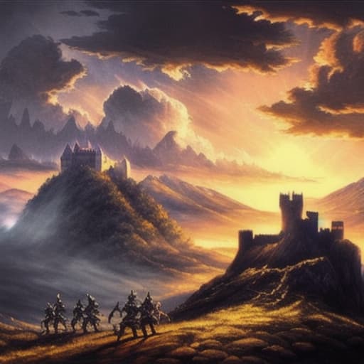  the battle of light and darkness. defeat of the knight of light. a knight surrounded by enemies. the clouds. castle. mountains. sunset.