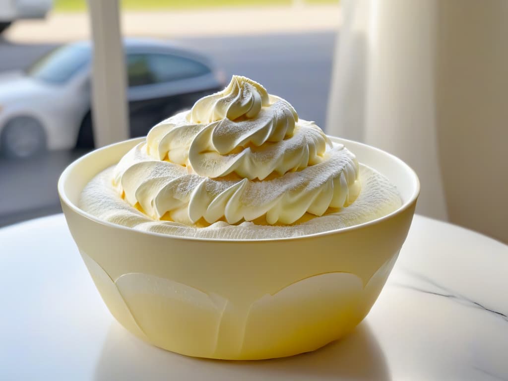  A closeup, photorealistic image of a glossy, perfectly peaked meringue mixture being gently folded in a glass bowl. The sunlight streaming through a nearby window catches the fluffy white peaks, highlighting the delicate texture and airiness of the mixture. The bowl sits atop a marble countertop, surrounded by scattered vanilla beans and a dusting of powdered sugar, evoking a sense of elegance and precision in the art of meringuemaking. hyperrealistic, full body, detailed clothing, highly detailed, cinematic lighting, stunningly beautiful, intricate, sharp focus, f/1. 8, 85mm, (centered image composition), (professionally color graded), ((bright soft diffused light)), volumetric fog, trending on instagram, trending on tumblr, HDR 4K, 8K