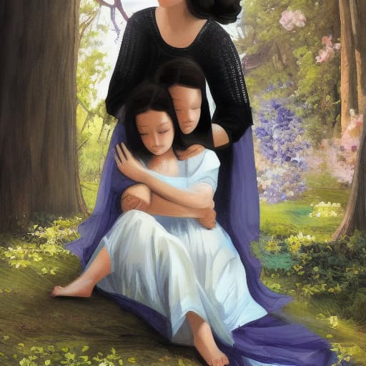  Painting art of angle mother save her daughter or she stand behind her