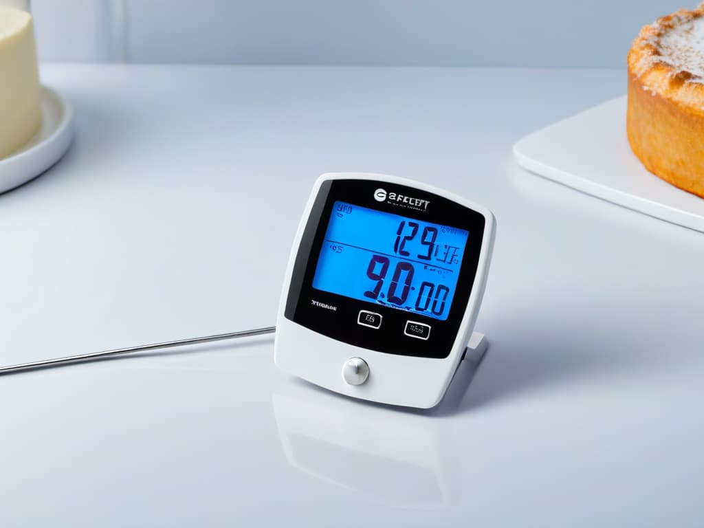  An ultradetailed image of a sleek, modern digital thermometer with a sharp focus on the precise temperature display, set against a soft, blurred background to emphasize its minimalistic design. The thermometer's screen shows a perfect 100°F, reflecting precision and accuracy essential for the art of pastry making. The overall aesthetic is clean, professional, and visually inspiring, ideal for capturing the essence of digital thermometers in the world of baking. hyperrealistic, full body, detailed clothing, highly detailed, cinematic lighting, stunningly beautiful, intricate, sharp focus, f/1. 8, 85mm, (centered image composition), (professionally color graded), ((bright soft diffused light)), volumetric fog, trending on instagram, trending on tumblr, HDR 4K, 8K