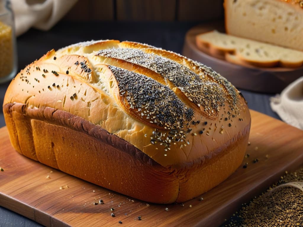  A closeup, photorealistic image of a freshly baked loaf of bread sprinkled with scattered poppy seeds, showcasing the texture and aroma of the seeds on the golden crust. The lighting is warm and inviting, highlighting the intricate details of the bread's crust and the tiny black poppy seeds against the backdrop of a rustic wooden surface. hyperrealistic, full body, detailed clothing, highly detailed, cinematic lighting, stunningly beautiful, intricate, sharp focus, f/1. 8, 85mm, (centered image composition), (professionally color graded), ((bright soft diffused light)), volumetric fog, trending on instagram, trending on tumblr, HDR 4K, 8K