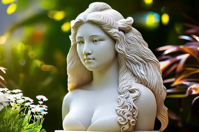  creating a sculpture of a woman with flowing hair and her nude body. Outside a garden paradise with morning sunshine. Clear face and high quality image