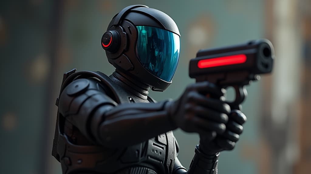  good quality, high quality, futuristic action figure with gun in hand