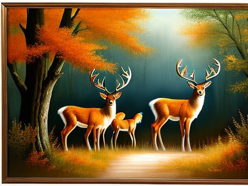  Oil painting with the theme of deer during the rut, hanging on a wall. In front of it, there is a sofa.