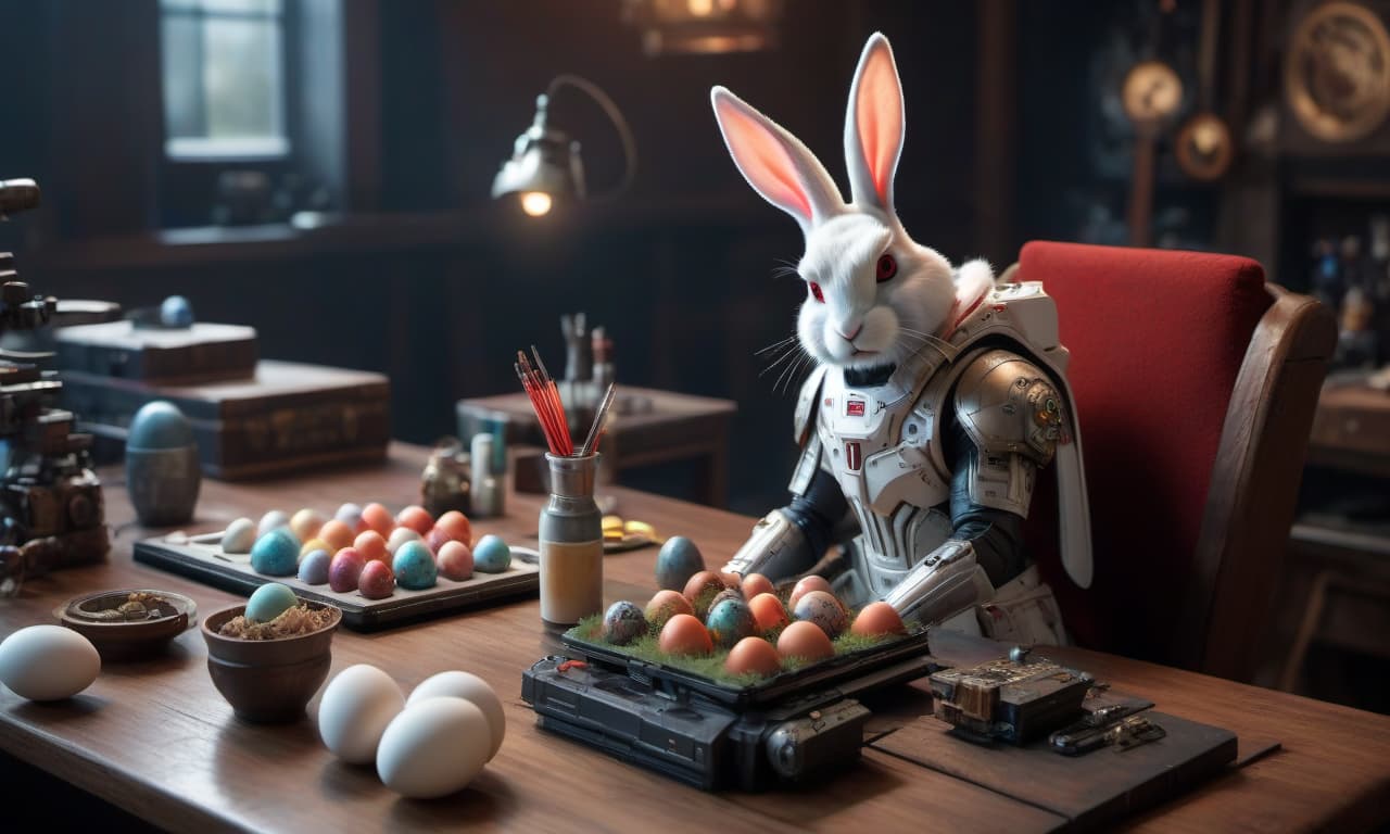  cinematic photo Easter bunny 3d artist with cybernetic laser a red eye implant that lives in the Warhammer 40,000 universe, who sits at a table and works on a graphics tablet, and colored chicken eggs lie on the table next to him . 35mm photograph, film, bokeh, professional, 4k, highly detailed hyperrealistic, full body, detailed clothing, highly detailed, cinematic lighting, stunningly beautiful, intricate, sharp focus, f/1. 8, 85mm, (centered image composition), (professionally color graded), ((bright soft diffused light)), volumetric fog, trending on instagram, trending on tumblr, HDR 4K, 8K