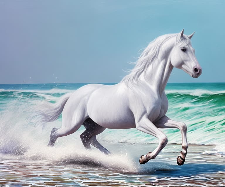  best quality professional photograph, water paint art style, white horse, running in beach, ultra high quality model