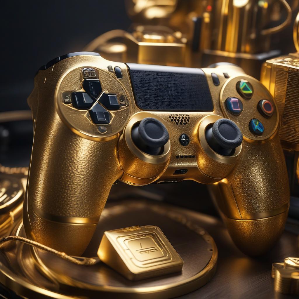  "Golden gaming console" hyperrealistic, full body, detailed clothing, highly detailed, cinematic lighting, stunningly beautiful, intricate, sharp focus, f/1. 8, 85mm, (centered image composition), (professionally color graded), ((bright soft diffused light)), volumetric fog, trending on instagram, trending on tumblr, HDR 4K, 8K