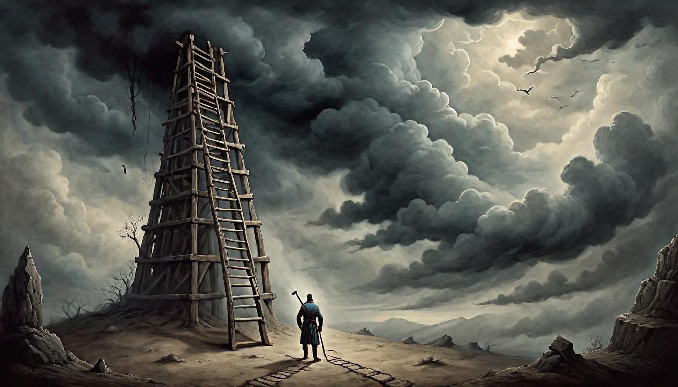  on parchment, surrealism+++, A person reaching for the last rung of a ladder, dark clouds overhead, perseverance, strive(mysterious, provocative, symbolic,muted color)+++