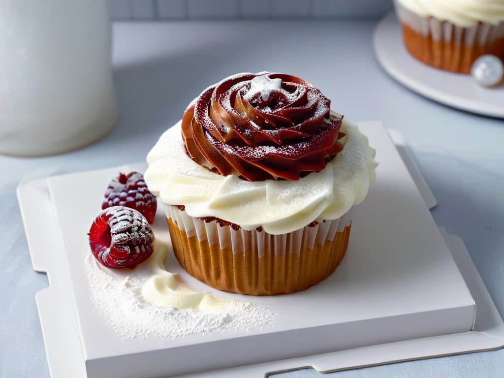  A closeup, ultradetailed image of a perfectly frosted cupcake topped with a delicate sugarfree raspberry, with a subtle dusting of powdered erythritol on a sleek, modern white plate. The frosting is smooth and glossy, showcasing intricate swirls and textures, while the raspberry glistens with freshness, evoking a sense of indulgence and sophistication. The lighting is soft, emphasizing the rich colors and intricate details of the guiltfree treat, inviting the viewer to savor the essence of diabeticfriendly pastry artistry. hyperrealistic, full body, detailed clothing, highly detailed, cinematic lighting, stunningly beautiful, intricate, sharp focus, f/1. 8, 85mm, (centered image composition), (professionally color graded), ((bright soft diffused light)), volumetric fog, trending on instagram, trending on tumblr, HDR 4K, 8K