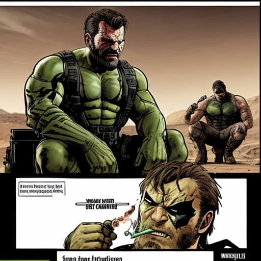  Venom Snake from MGSV smoking his phantom cigar and hulk is with him smoking in the desert