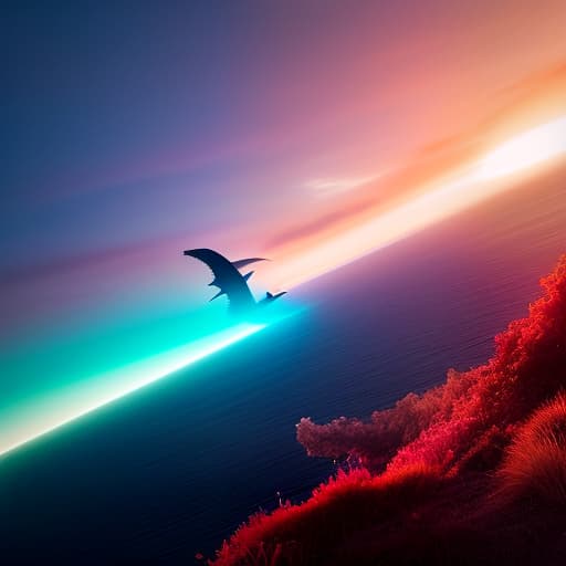  big dragon and a baby dragon, blue, red, and black flying awesome sunset over the ocean , hyperrealistic, high quality, highly detailed, cinematic lighting, intricate, sharp focus, f/1. 8, 85mm, (centered image composition), (professionally color graded), ((bright soft diffused light)), volumetric fog, trending on instagram, HDR 4K, 8K