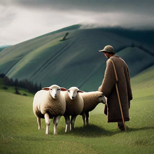  I want a picture of a young man tending sheep in a wide field between the mountains, holding a wooden stick in his hand, raising this stick to the top and putting his other hand in his pocket.