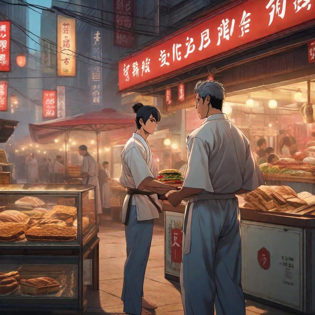  A man holds a in a karate uniform by the neck next to a sandwich vendor., anime concept art by Hayao Miyazaki, featured on pixiv, fantasy art, concept art, official art, high detailed hyperrealistic, full body, detailed clothing, highly detailed, cinematic lighting, stunningly beautiful, intricate, sharp focus, f/1. 8, 85mm, (centered image composition), (professionally color graded), ((bright soft diffused light)), volumetric fog, trending on instagram, trending on tumblr, HDR 4K, 8K