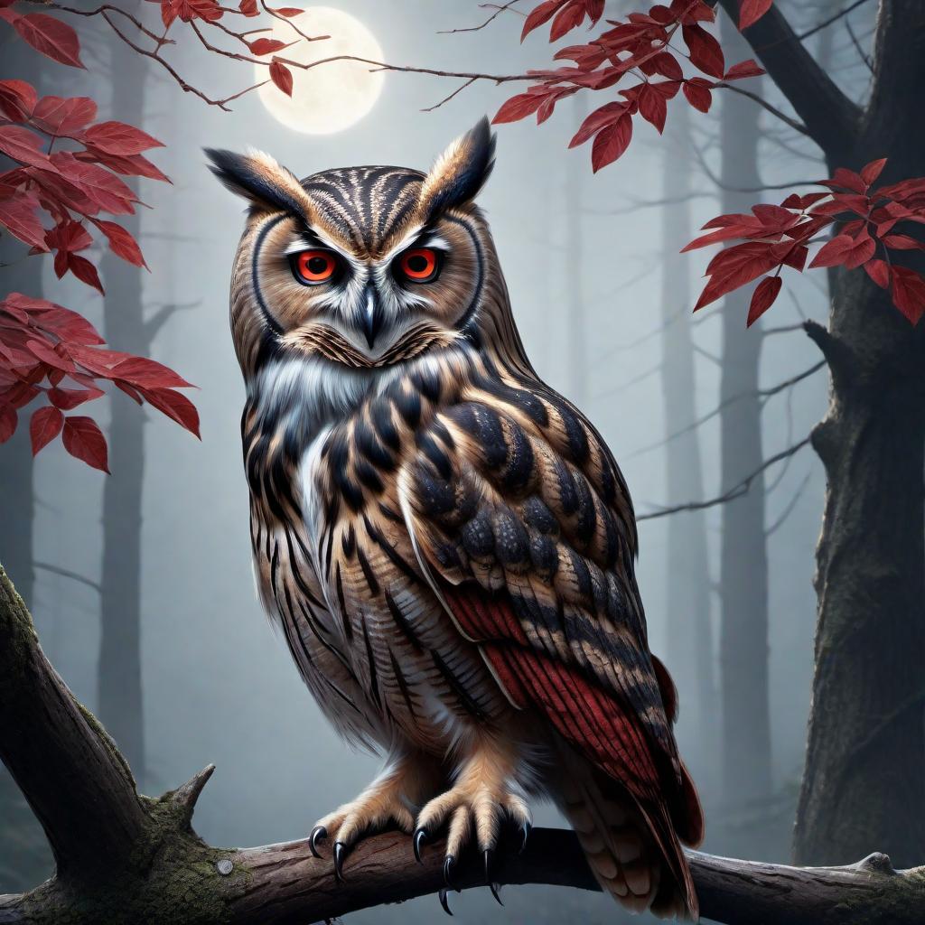  A sketchy drawing of an owl with ruby eyes and a body made of a tree. The owl's eyes are sparkling rubies, and its body has bark texture, branches, and leaves, blending seamlessly with a natural environment. The lines are rough and expressive, giving the image a hand-drawn look. The background suggests a twilight or moonlit night, enhancing the mystical atmosphere. hyperrealistic, full body, detailed clothing, highly detailed, cinematic lighting, stunningly beautiful, intricate, sharp focus, f/1. 8, 85mm, (centered image composition), (professionally color graded), ((bright soft diffused light)), volumetric fog, trending on instagram, trending on tumblr, HDR 4K, 8K