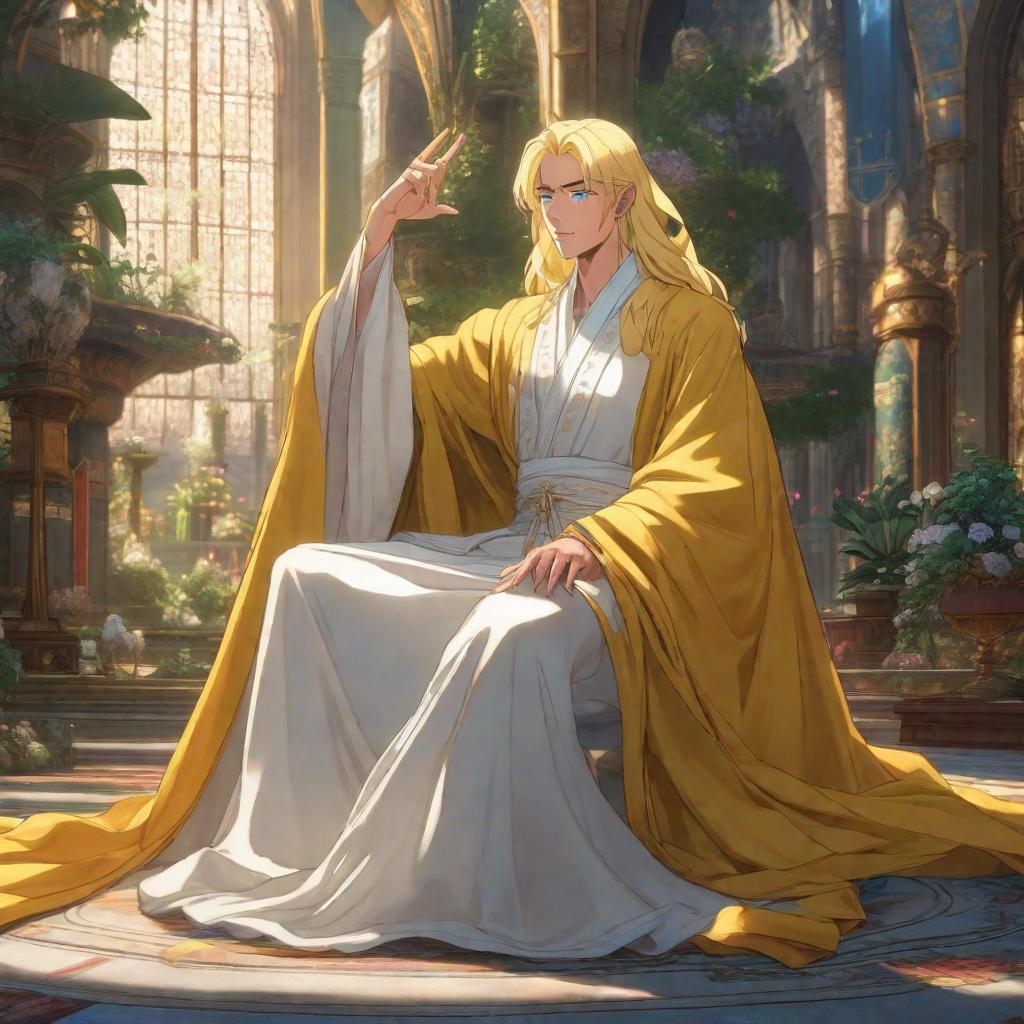  A young man with yellow hair and blue eyes, wearing a white abaya and placing two fingers on his forehead., anime concept art by Hayao Miyazaki, featured on pixiv, fantasy art, concept art, official art, high detailed hyperrealistic, full body, detailed clothing, highly detailed, cinematic lighting, stunningly beautiful, intricate, sharp focus, f/1. 8, 85mm, (centered image composition), (professionally color graded), ((bright soft diffused light)), volumetric fog, trending on instagram, trending on tumblr, HDR 4K, 8K