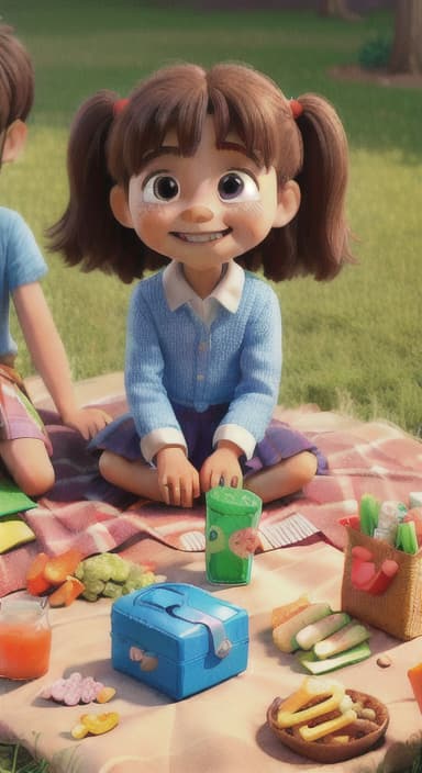  {Kids sitting around a picnic blanket, enjoying juice boxes and snacks., Children happily eating snacks, with crumbs on their faces and big smiles.