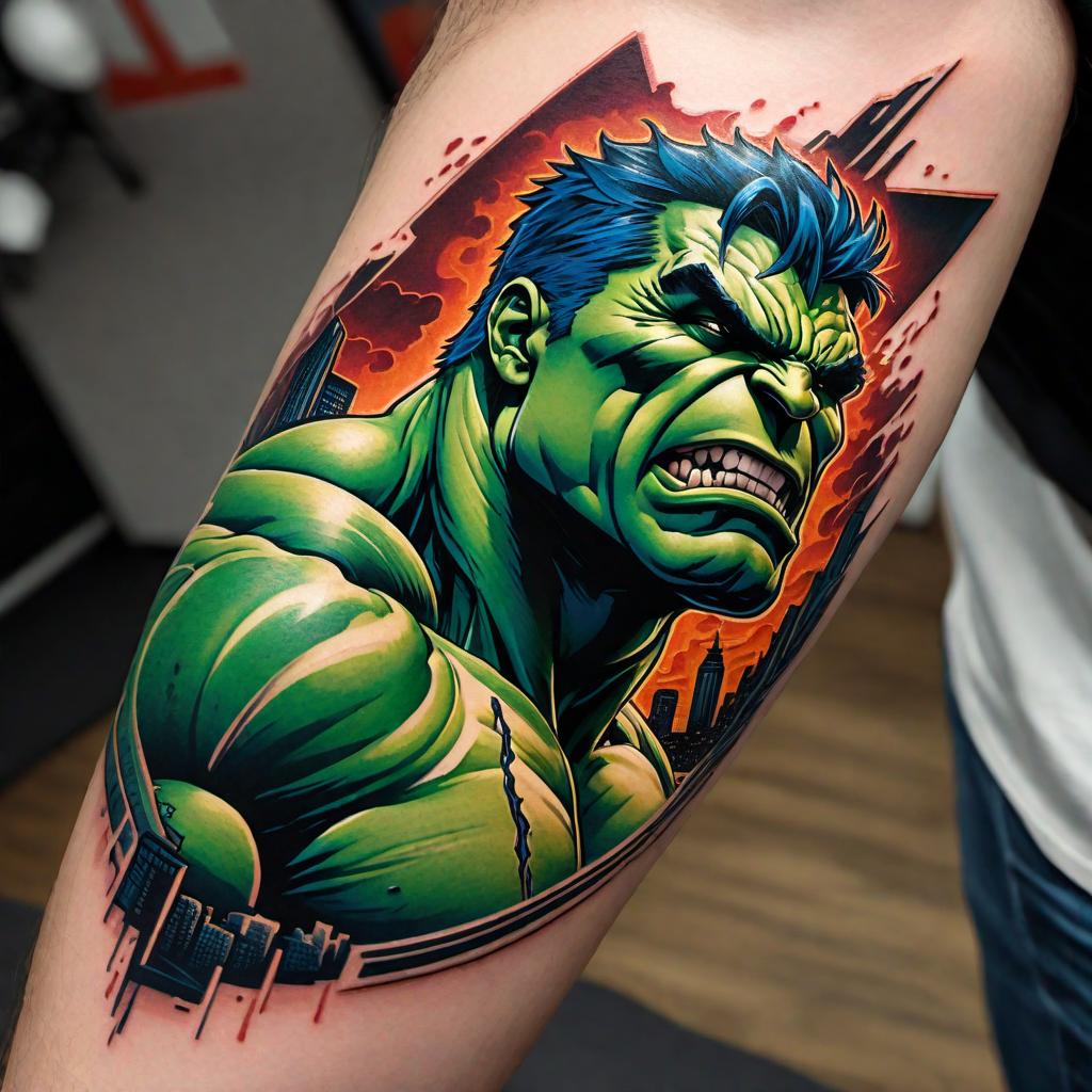  A tattoo design that complements an existing Hulk tattoo with themes of strength and power. The design features a roaring bear, intertwined with elements such as a shattered cityscape, lightning bolts, or a cracked street to metaphorically connect with the Hulk. The style is in comic book art with bold lines and vibrant colors, using deep blues and earthy tones to balance the Hulk's green. Fine details and strong lines enhance the overall composition, creating a visually striking and cohesive addition. hyperrealistic, full body, detailed clothing, highly detailed, cinematic lighting, stunningly beautiful, intricate, sharp focus, f/1. 8, 85mm, (centered image composition), (professionally color graded), ((bright soft diffused light)), volumetric fog, trending on instagram, trending on tumblr, HDR 4K, 8K