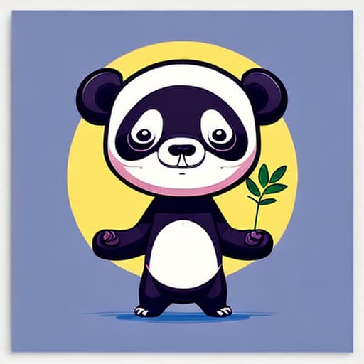  Enticing vector cartoon panda sticker with vibrant colors, glossy finish, digital art, featuring big, expressive eyes, holding a bamboo stalk, symmetrical design, in the style of Jhonen Vasquez, Behance featured.