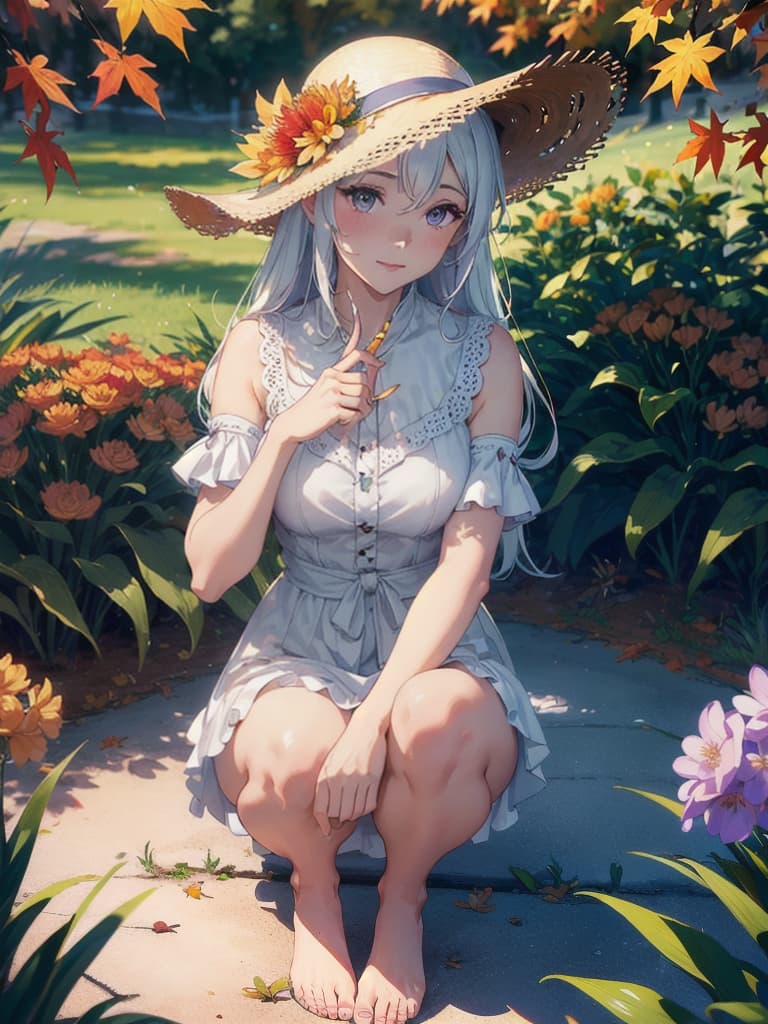  finely detail, Depth of field,(((masterpiece))),((extremely detailed CG unity 8k wallpaper)),best quality, high resolution illustration,Amazing,highres,intricate detail,(best illumination, best shadow, an extremely delicate and beautiful), 1girl, hat,solo,white hair, long hair, barefoot, bare legs, bare shoulders, sleeveless,hat flower,straw hat,white sundress,straw hat, looking at viewer, Lilac eyes,Lovely face,open one's mouth,middle finger,show the middle finger, (((Tyndall effect))),dappled sunlight,cloud, flower, autumn leaves, outdoors, autumn, blue sky, leaf, sunset, cloudy sky, burning, owl, maple leaf,tulips hyperrealistic, full body, detailed clothing, highly detailed, cinematic lighting, stunningly beautiful, intricate, sharp focus, f/1. 8, 85mm, (centered image composition), (professionally color graded), ((bright soft diffused light)), volumetric fog, trending on instagram, trending on tumblr, HDR 4K, 8K