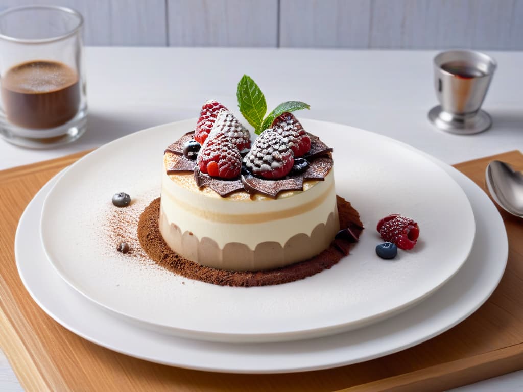  A photorealistic image of a beautifully plated tiramisu dessert with a delicate dusting of cocoa powder on top, served on a elegant white porcelain plate alongside a small glass of rich, aromatic espresso. The dessert is garnished with fresh raspberries and mint leaves, and the steam rising from the espresso cup adds a sense of warmth and indulgence to the scene. The lighting is soft, casting gentle shadows that highlight the textures of the dessert and the sheen of the porcelain. hyperrealistic, full body, detailed clothing, highly detailed, cinematic lighting, stunningly beautiful, intricate, sharp focus, f/1. 8, 85mm, (centered image composition), (professionally color graded), ((bright soft diffused light)), volumetric fog, trending on instagram, trending on tumblr, HDR 4K, 8K