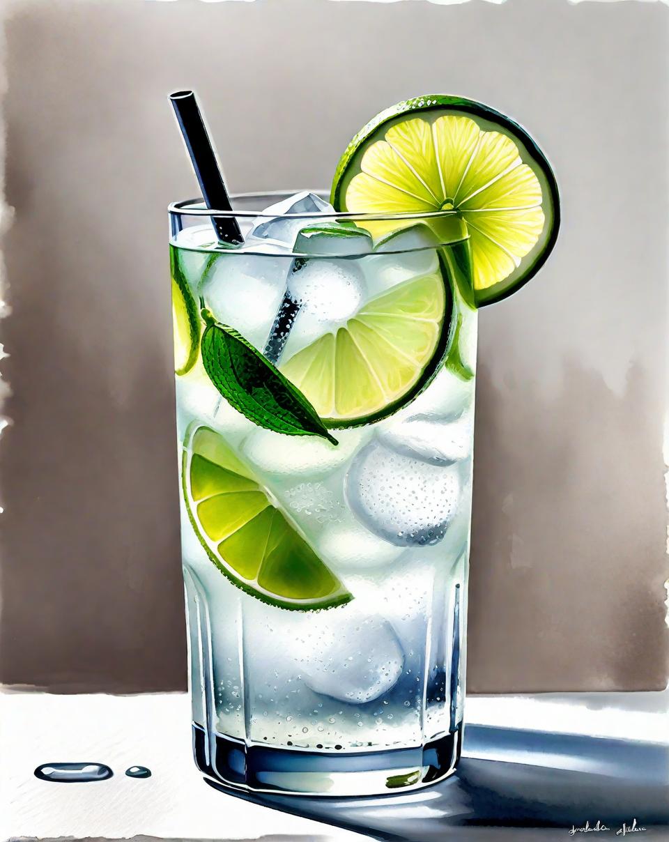  A beautiful, artistic watercolor painting of a gin and tonic, on a white background. The drink is served in a tall, slender glass with ice cubes and a slice of lime. The painting should focus solely on the glass and its contents, emphasizing the clarity and refreshing look of the ice and lime in the glass. The style should remain light and airy with delicate brush strokes, highlighting the drink's appealing aesthetics.