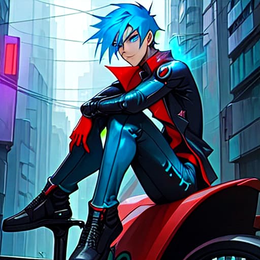  A boy with super power Blue hairs and eyes, Red super powers, cyberpunk city, Sitting on a bike