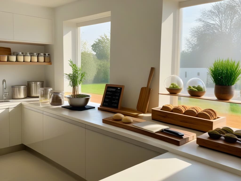  An ultradetailed image of a pristine, modern kitchen filled with sustainable baking ingredients neatly organized on sleek, ecofriendly countertops. The sunlight streaming in through a large window highlights glass jars of organic flour, stainless steel mixing bowls, and a row of bamboo utensils hanging on a wallmounted rack. In the background, a chic digital tablet displays an online sustainable baking course, while a lush potted plant adds a touch of greenery to the serene, minimalist space. hyperrealistic, full body, detailed clothing, highly detailed, cinematic lighting, stunningly beautiful, intricate, sharp focus, f/1. 8, 85mm, (centered image composition), (professionally color graded), ((bright soft diffused light)), volumetric fog, trending on instagram, trending on tumblr, HDR 4K, 8K