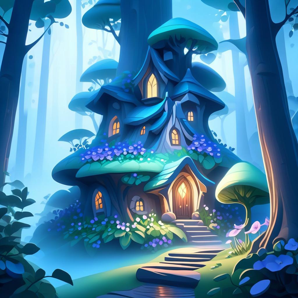  ethereal fantasy concept art of This tree house, nestled in the woods under a large leaf as a roof. Morning petunias serve as both decoration and guardians. The blossoms are blooming above the roof of the cabin. The elf who lives inside seems ready to come out the door and onto the balcony to water the flowers. (Petunia bush petunia) The flowers are blue turning to blue. . magnificent, celestial, ethereal, painterly, epic, majestic, magical, fantasy art, cover art, dreamy hyperrealistic, full body, detailed clothing, highly detailed, cinematic lighting, stunningly beautiful, intricate, sharp focus, f/1. 8, 85mm, (centered image composition), (professionally color graded), ((bright soft diffused light)), volumetric fog, trending on instagram, trending on tumblr, HDR 4K, 8K