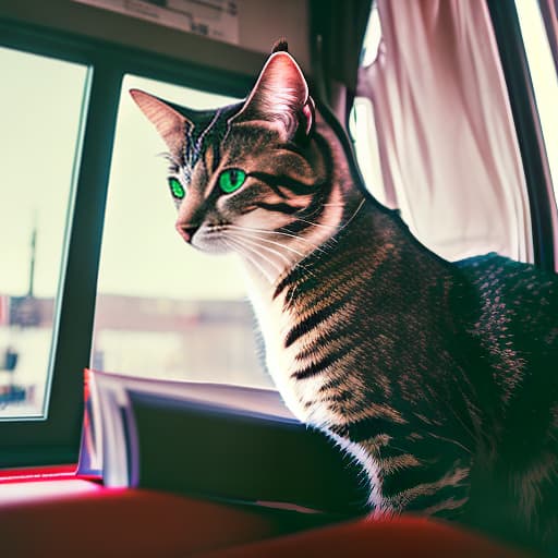 nvinkpunk Realistic image of a cat wearing headphones and reading glasses while riding a bus. hyperrealistic, full body, detailed clothing, highly detailed, cinematic lighting, stunningly beautiful, intricate, sharp focus, f/1. 8, 85mm, (centered image composition), (professionally color graded), ((bright soft diffused light)), volumetric fog, trending on instagram, trending on tumblr, HDR 4K, 8K