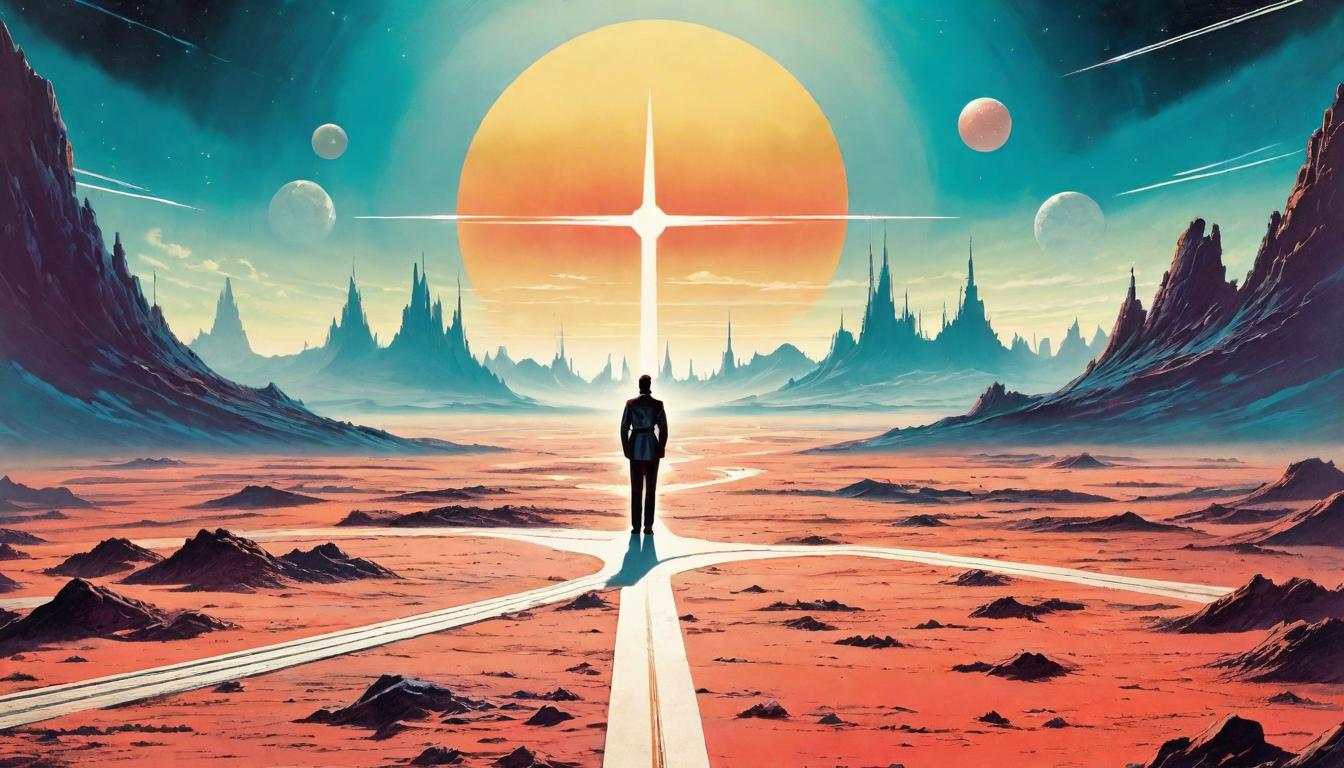  retro futuristic Lone figure standing at a crossroads, barren land stretching in all directions, search for meaning, intolerance for stagnation, existential journey lvintage sci fi, 50s and 60s style, atomic age, vibrant, highly detailed