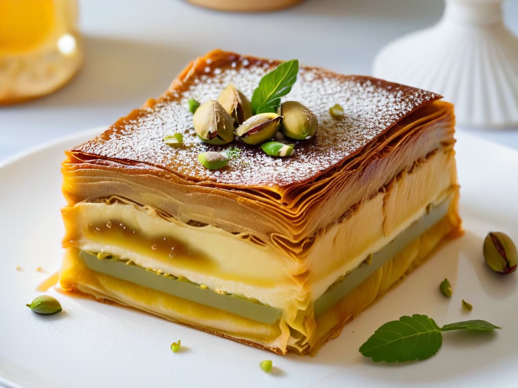  A highresolution, minimalist image of a perfectly layered and goldenbrown baklava, topped with crushed pistachios and drizzled with honey, set against a simple, clean background to emphasize the intricate details and textures of the dessert. hyperrealistic, full body, detailed clothing, highly detailed, cinematic lighting, stunningly beautiful, intricate, sharp focus, f/1. 8, 85mm, (centered image composition), (professionally color graded), ((bright soft diffused light)), volumetric fog, trending on instagram, trending on tumblr, HDR 4K, 8K