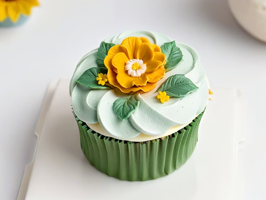  A closeup, ultradetailed image of a beautifully decorated glutenfree cupcake, topped with intricate swirls of pastelcolored frosting and delicate edible flowers, set against a clean white backdrop. The frosting is expertly piped, showcasing intricate details and textures, with each petal and leaf perfectly defined. The colors are soft and inviting, creating a visually stunning and appetizing image that conveys the essence of glutenfree baking artistry and elegance. hyperrealistic, full body, detailed clothing, highly detailed, cinematic lighting, stunningly beautiful, intricate, sharp focus, f/1. 8, 85mm, (centered image composition), (professionally color graded), ((bright soft diffused light)), volumetric fog, trending on instagram, trending on tumblr, HDR 4K, 8K