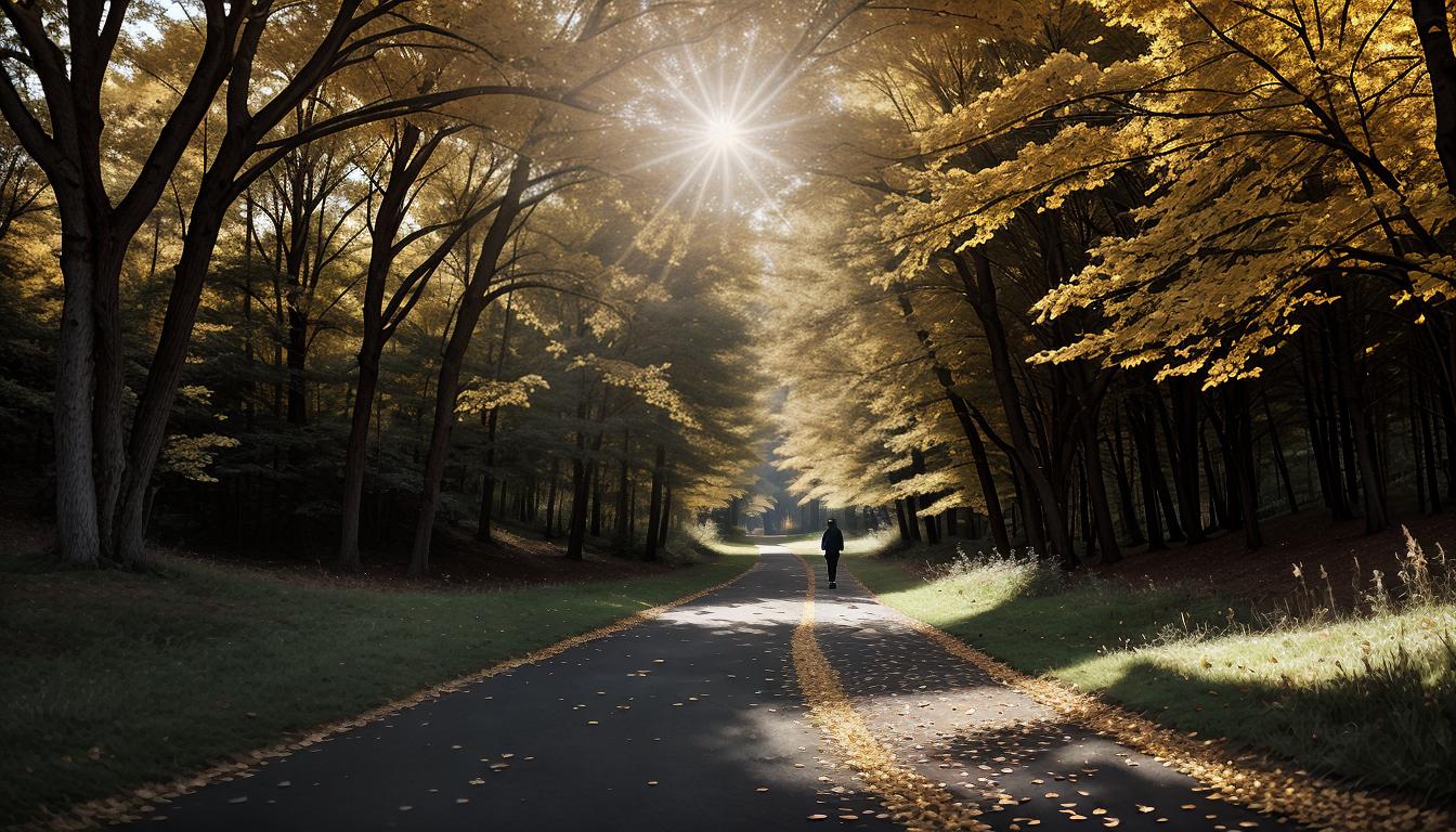  cinematic, aesthetic, A person walking on a winding path through nature, trees with golden leaves, sense of journey, introspection, 4k, HDR, lens flare