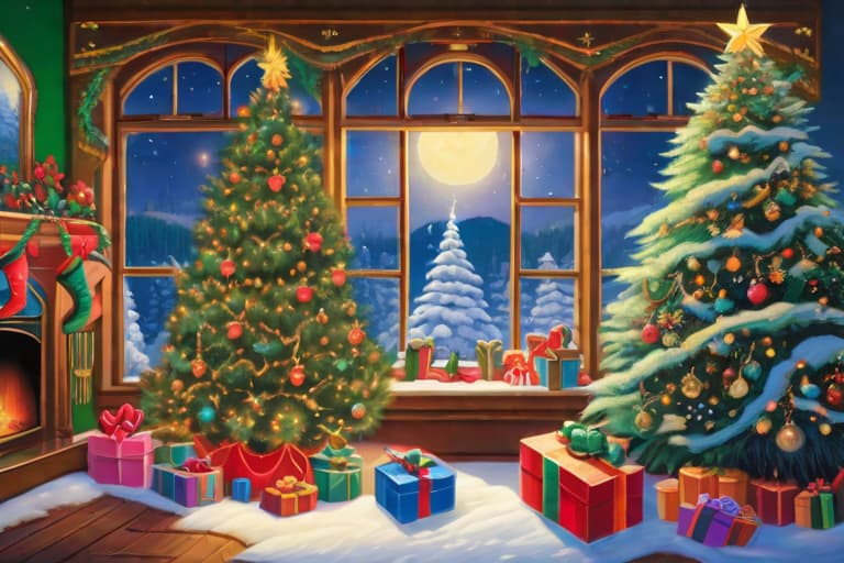  in the center of the painting is a large and fluffy christmas tree decorated with bright toys and colorful garlands. beautifully packaged gifts are placed around the christmas tree, waiting in the wings.  to the right of the christmas tree is a large window, behind which you can see huge snowdrifts and the night sky with the month. moonlight penetrates into the room, creating an atmosphere of mystery and magic.  the painting conveys a sense of celebration and joy that arises on the eve of the new year. it reminds us that even on the coldest and darkest days, we can find joy and happiness in simple things, such as communicating with family and friends, decorating the house and waiting for a miracle., cute, hyper detail, full HD hyperrealistic, full body, detailed clothing, highly detailed, cinematic lighting, stunningly beautiful, intricate, sharp focus, f/1. 8, 85mm, (centered image composition), (professionally color graded), ((bright soft diffused light)), volumetric fog, trending on instagram, trending on tumblr, HDR 4K, 8K