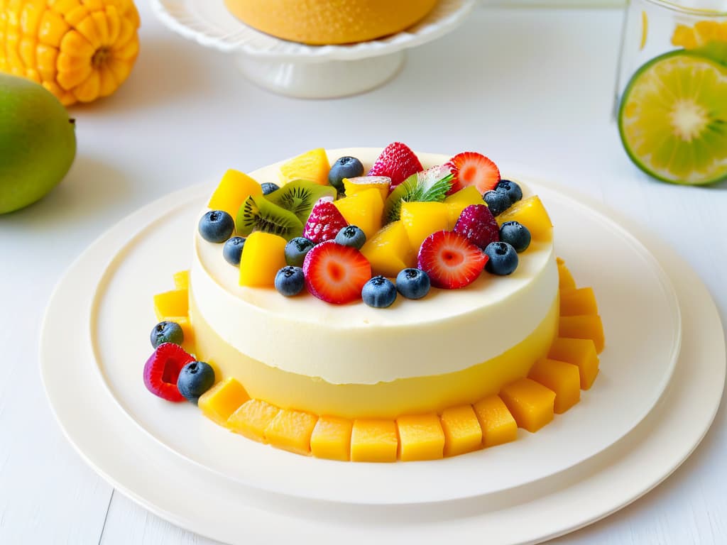  A closeup, ultrahigh resolution image of a slice of Tres Leches de frutas tropicales on a sleek, white ceramic plate. The cake is perfectly moist, with a golden sponge base soaked in three types of milk and topped with a colorful array of tropical fruits like mango, pineapple, and kiwi. The fruits are artfully arranged in a visually appealing pattern, glistening with freshness and inviting the viewer to indulge in this refreshing twist on the classic dessert. hyperrealistic, full body, detailed clothing, highly detailed, cinematic lighting, stunningly beautiful, intricate, sharp focus, f/1. 8, 85mm, (centered image composition), (professionally color graded), ((bright soft diffused light)), volumetric fog, trending on instagram, trending on tumblr, HDR 4K, 8K