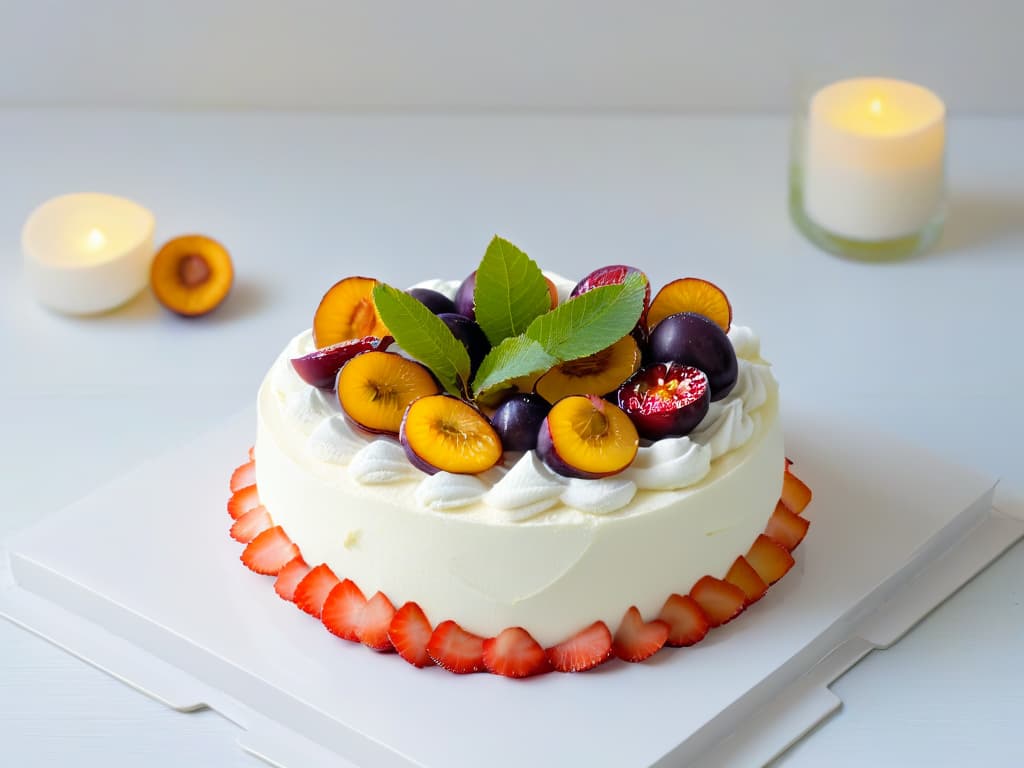  A minimalistic, highly detailed image of a decadent pavlova dessert topped with vibrant native Australian fruits like finger limes, Davidson plums, and riberry, set against a stark white background to highlight the colors and textures of the dessert. hyperrealistic, full body, detailed clothing, highly detailed, cinematic lighting, stunningly beautiful, intricate, sharp focus, f/1. 8, 85mm, (centered image composition), (professionally color graded), ((bright soft diffused light)), volumetric fog, trending on instagram, trending on tumblr, HDR 4K, 8K