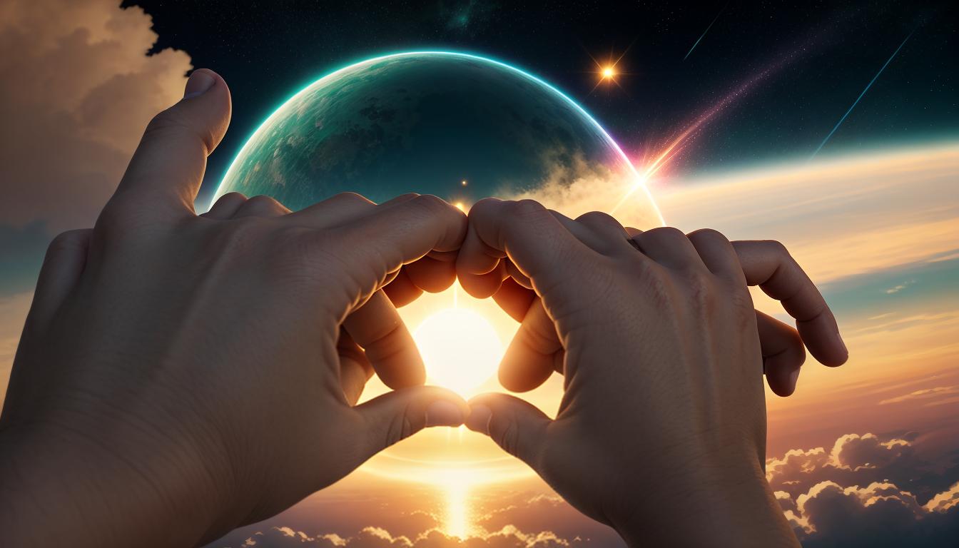  Retro anime aesthetics, retro futuristic Hands extending towards each other, soft golden light emanating, warm and inviting glow, delicate and compassionate, unity, connection, 4k, HDR, lens flare