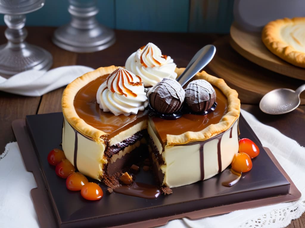  A photorealistic image of a decadent Aussie Meat Pie dessert, showcasing layers of flaky pastry filled with rich chocolate ganache, topped with a scoop of creamy vanilla ice cream, drizzled with caramel sauce, and garnished with fresh berries and mint leaves. The pie is displayed on a rustic wooden table with a vintage silver spoon placed beside it, capturing the indulgent and mouthwatering essence of this unique dessert interpretation. hyperrealistic, full body, detailed clothing, highly detailed, cinematic lighting, stunningly beautiful, intricate, sharp focus, f/1. 8, 85mm, (centered image composition), (professionally color graded), ((bright soft diffused light)), volumetric fog, trending on instagram, trending on tumblr, HDR 4K, 8K