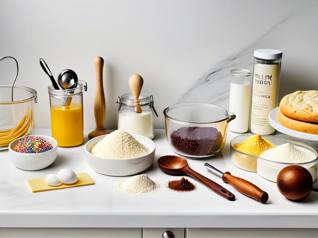  A highresolution, minimalist image of a pristine white marble countertop adorned with an assortment of essential baking tools and ingredients for beginners: a rolling pin, measuring cups, a whisk, mixing bowls, vanilla extract, flour, and colorful sprinkles neatly arranged in chic containers. The image exudes a sense of organization and readiness for a sweet baking journey, with soft natural lighting casting gentle shadows to add depth and texture to the scene. hyperrealistic, full body, detailed clothing, highly detailed, cinematic lighting, stunningly beautiful, intricate, sharp focus, f/1. 8, 85mm, (centered image composition), (professionally color graded), ((bright soft diffused light)), volumetric fog, trending on instagram, trending on tumblr, HDR 4K, 8K