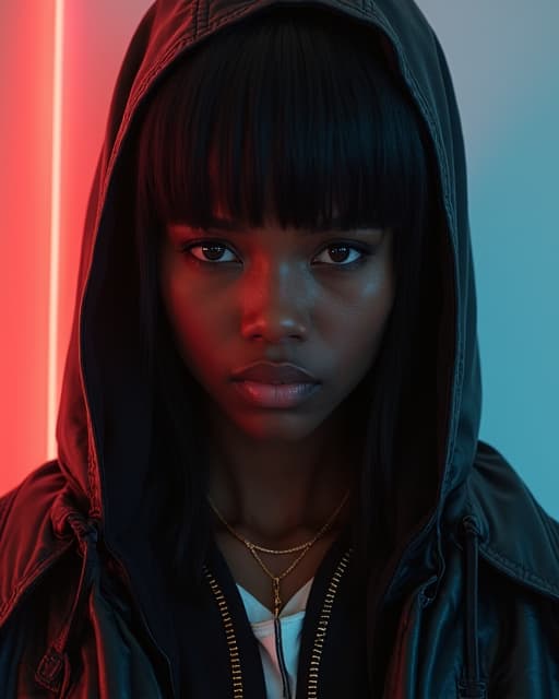  upper body, (facing the camera directly), beautiful (21yo) african woman, (straight hair), (cyberpunk)