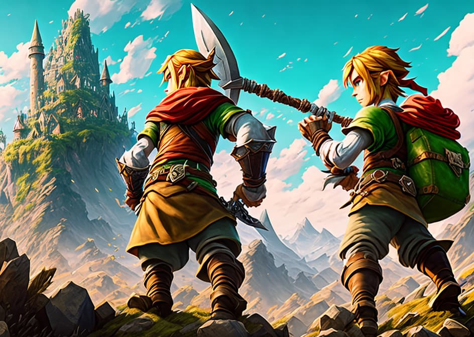 IN THE STYLE OF <MAGIFACTORY> Create a series of images depicting Link's progression from a humble villager or adventurer to the legendary hero of Hyrule. Start with a scene of Link in his home village, perhaps holding a simple wooden sword or shield. Show him venturing through forests, mountains, and deserts, facing various challenges and enemies along the way. Finally, depict Link standing triumphantly in front of Hyrule Castle, wielding the Master Sword and shield, ready to face Ganon. hyperrealistic, full body, detailed clothing, highly detailed, cinematic lighting, stunningly beautiful, intricate, sharp focus, f/1. 8, 85mm, (centered image composition), (professionally color graded), ((bright soft diffused light)), volumetric fog, trending on instagram, trending on tumblr, HDR 4K, 8K