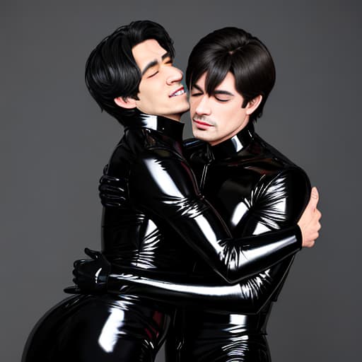  Two men in black latex were hugging each other.