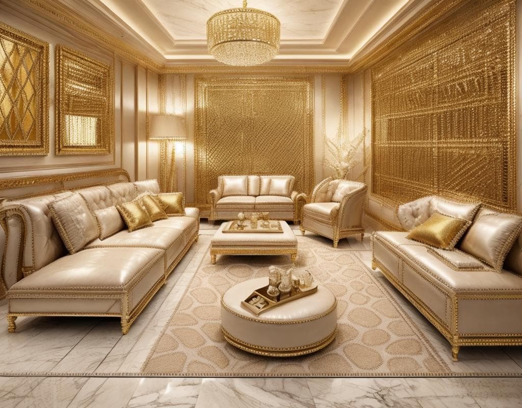 modern luxury living room interior, marble floor, soft beige leather sofa, gold details, ambient lighting, photorealistic, wide angle