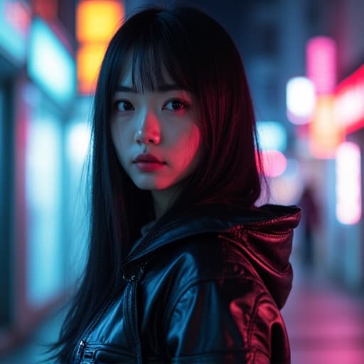  upper body, beautiful (21yo) japanese woman, (straight hair), (cyberpunk)