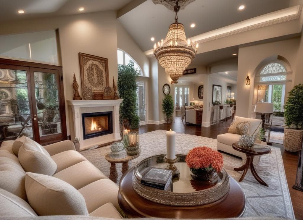 ultra realistic photograph of traditional style living room, 8k uhd, highly detailed, photorealistic, architectural photography, interior design magazine quality, preserve original lighting conditions and time of day from input image, masterpiece, best quality, ultra realistic, photographic quality, professional lighting matching input image, 8k uhd, highly detailed interior design, architectural digest quality, volumetric lighting, ray tracing, professional color grading, maintain same time of day as input image, classic design, symmetrical arrangements, rich colors, ornate details, antique inspired, formal furniture, refined aesthetic, comfortable seating, conversation area, focal point, entertainment space, layered lighting, area rug, co