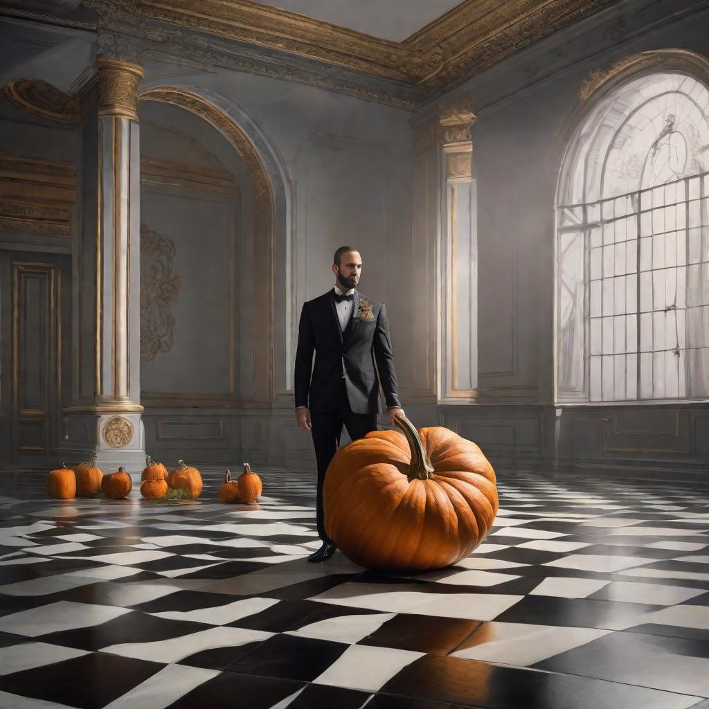  A HUGE PUMPKIN LYING ON A REGULAR PATERN BLACK AND WHITE CHECKERBOARDED FLOOR ON WHITE DRAPERING IN SMALL EMPTY DARK CHAMBER, realistic, portrait, art by donato giancola and greg rutkowski, realistic face, digital art, trending on artstation hyperrealistic, full body, detailed clothing, highly detailed, cinematic lighting, stunningly beautiful, intricate, sharp focus, f/1. 8, 85mm, (centered image composition), (professionally color graded), ((bright soft diffused light)), volumetric fog, trending on instagram, trending on tumblr, HDR 4K, 8K