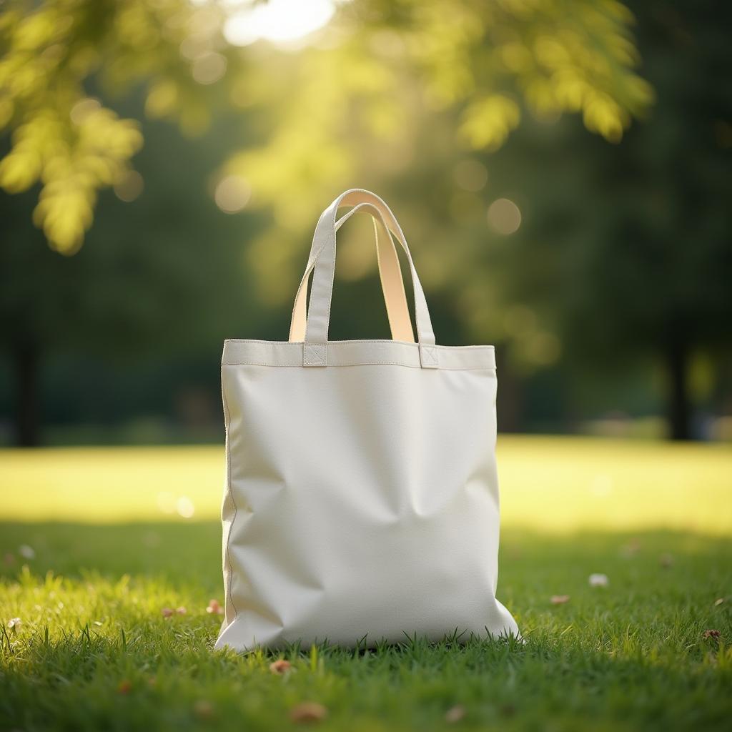  good quality, high quality, tote bag mockup concept image with a blank tote bag sitting outside in a park on sunny day for the large sturdy cloth unfastened bag with parallel handles with copy space