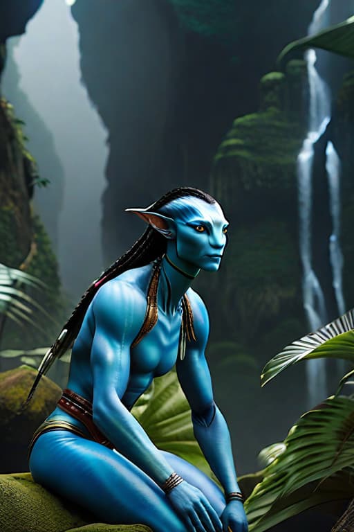  Create a high resolution, dynamic wallpaper featuring a male blue skinned alien from the movie "Avatar" facing forward. The scene should be vibrant and immersive, set in the lush, bioluminescent environment of Pandora. The male alien should appear majestic and powerful, with detailed features such as large, expressive eyes, intricate skin patterns, and elongated limbs. The overall atmosphere should be otherworldly and awe inspiring, capturing the essence of the "Avatar" universe. hyperrealistic, full body, detailed clothing, highly detailed, cinematic lighting, stunningly beautiful, intricate, sharp focus, f/1. 8, 85mm, (centered image composition), (professionally color graded), ((bright soft diffused light)), volumetric fog, trending on instagram, trending on tumblr, HDR 4K, 8K